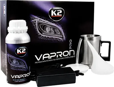 A product kit for headlight restoration, including a bottle of liquid, a power adapter, a metal cup with a tube, and a white funnel.