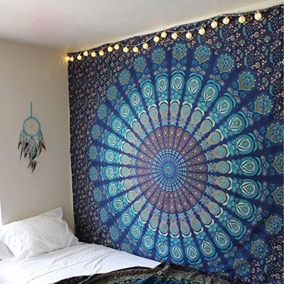 Produktbild von Mandala, Ombre-Pfau-Wandbehang und Tagesdecke, Wohnzimmer-Wandteppich, Heimdekoration, Boho-Wandteppich in verschiedenen Größen und Farben