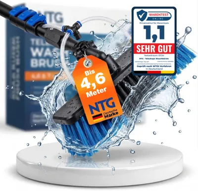 Produktbild von NTG Teleskop Waschbürste zur Reinigung von Solaranlagen und Fenstern in 4,6 Meter Ausführung mit Wasseranschluss und Seifenspender Teleskopstange Waschbürste (Bis 4,6 Meter)