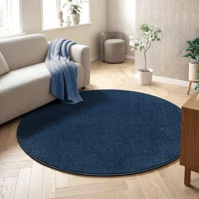 Imagen del producto de Alfombra redonda Unyqoos® – Alfombra moderna de color azul marino (oscuro), diámetro 120 cm, polipropileno, pelo bajo, certificación STANDARD 100 by