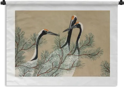 Produktbild von MuchoWow® Wandteppich Wandbehang Kranich - Blätter - Japanisch - Vintage 60x45 cm Tapisserie Dekoration Wandtuch - Das Schlafzimmer