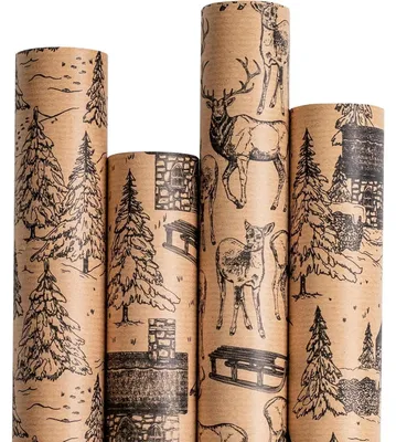 Immagine prodotto di Carta da regalo effetto kraft, motivo natalizio, 4 rotoli, 43,5 x 305 cm