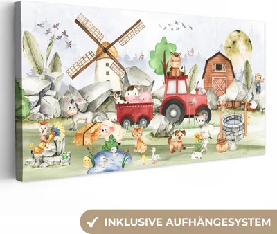 Produktbild von MuchoWow® - Leinwandbilder - Bauernhof - Traktor - Kinder - Tiere, Wandbild, Wanddeko Bilder Wohnzimmer, 80x40cm