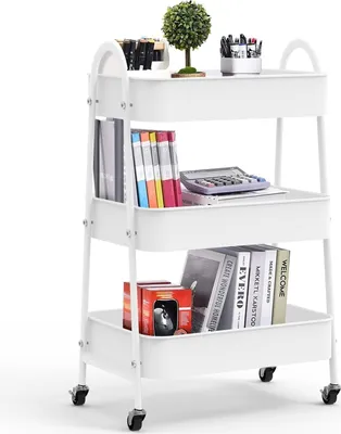 Produktbild von 3 Ebenen Küchenwagen,Servierwagen Utility Cart mit Rollen,Beistellwagen Rollwagen Allzweckwagen Aufbewahrungswagen für Küche Bad Büro 43x30x76cm Weiß