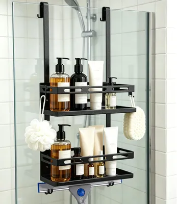 Image de Étagère de douche sans perçage, à suspendre, avec 2 paniers et 4 crochets, pour salle de bain