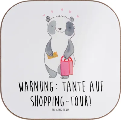 Produktbild von Mr. & Mrs. Panda Untersetzer für Gläser Tante Shopping - Weiß - Geschenk, Tasse, gläseruntersetzer, Familie, persönliche Erinnerungen, Holzuntersetzer, Humor, Geschenke