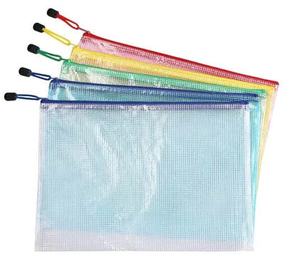 Immagine prodotto di Custodie per documenti A4, confezione da 5 pezzi, colorate, in PVC, con inserto in rete e chiusura a zip