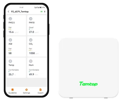 Luftqualitätsmonitor mit PM2.5, PM10, CO₂, Temperatur, Feuchte, AQI, App