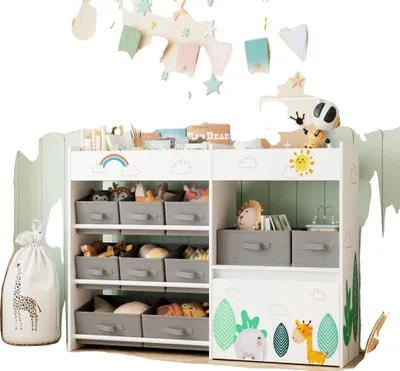 A children's toy organizer shelf filled with stuffed animals and books, decorated with playful graphics.