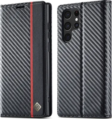 Obrázek produktu pro Pouzdro pro Samsung Galaxy S22 Ultra 5G Karbónové kožené pouzdro s držákem karet, magnetem a stojánku černé Vertikální červené