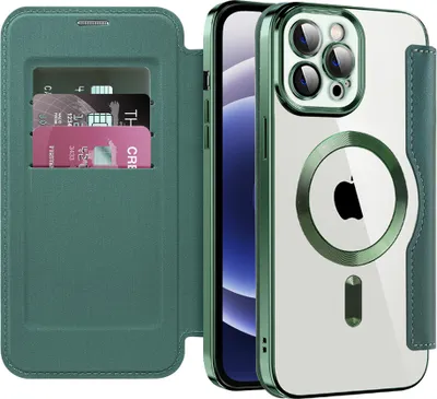 Immagine prodotto di Custodia per iPhone 12 compatibile con MagSafe, custodia trasparente con portacarte, custodia in pelle con protezione della fotocamera verde