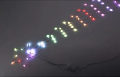 A string of colorful LED lights in the shape of a shooting star, with a star at one end and a switch on the cord.