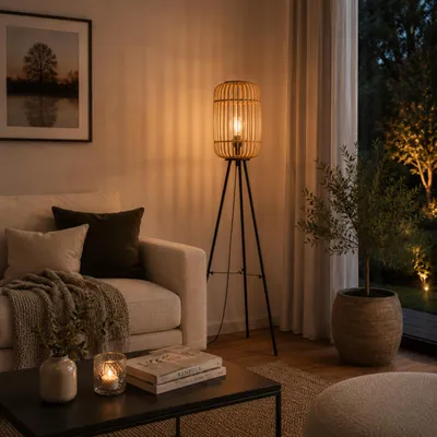 Produktbild von dekorative Dreibein-Lampe - Stehleuchte Nature-Style mit Fußschalter
