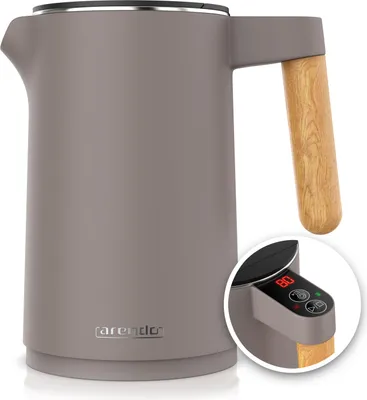 A taupe electric kettle with a wood-effect handle is shown against a white background. A close-up inset highlights the digital display and control buttons.