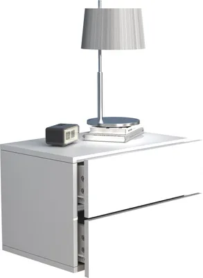 A white nightstand with two drawers, a lamp, and a clock on top, set against a white background.