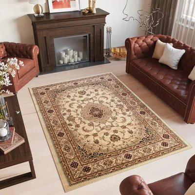 Produktbild von Teppich Wohnzimmer Schlafzimmer Kurzflor Design Klassisch Muster Floral Creme Beige  140 x 190 cm