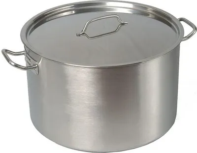 A large stainless steel pot with a lid and handles is shown against a white background.