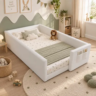 Productafbeelding van Babybed 90 x 200 cm, laag bed met kussentop en zijvak, wit