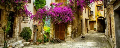 Produktbild von Wallario selbstklebendes Poster - Malerische Stadt in der Provence mit bunten Blumen, Größe: 50 x 125 cm