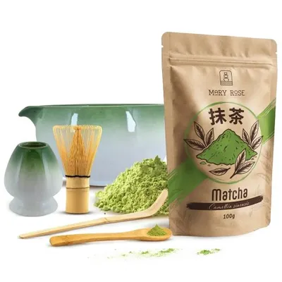 Produktbild von Mary Rose - Matcha Tee Set Pulver 100g - Grüne Keramik Schale Hayashi 420ml Mit Ausguss - Kusenaoshi Halter - Bambus Chasen Besen Zubehör