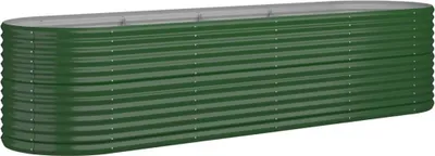 A long, oval-shaped raised garden bed made of green corrugated metal.