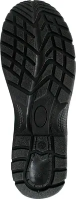 The sole of a black shoe is shown against a white background.