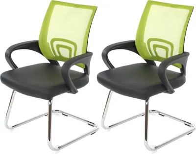 Two conference chairs with green mesh backs and black faux leather seats on chrome cantilever bases.