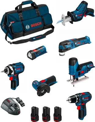 Produktbild von BOSCH Kit BMKB7-28BD3 (GSR 12V-15+GDR 12V-105+GWS 12V-76+GST 12V-70+GOP 12V-28+GSA 12V-14+GLI 12V-80+3x2,0Ah+ GAL1230CV+HDBAG)