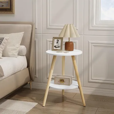 Produktbild von EUGAD Beistelltisch rund, Couchtisch mit 2 Ablagen&Stauraum, aus MDF Holz, Weiß