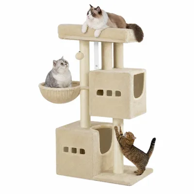 Produktbild von Fobyfurny 98 cm Kratzbaum, Katzenbaum, kratzbaum klein, Beige Mehrstöckiger Kratzbaum mit Sitzstange, Katzenhausmöbel mit 2 Höhlen, Hängematte
