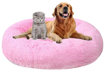 Image de Lit pour chien rond, diamètre 90 cm, en peluche, lavable, antidérapant, pour chiens et chats, couleur rose vif