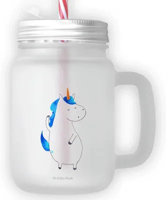Produktbild von Mr. & Mrs. Panda Trinkglas Einhorn Mann - Transparent - Geschenk, Hübsch, mit Deckel, Glas Und Strohhalm, Einhörner, dessertglas, Cocktailglas, Mason Jar, Familie, Beste