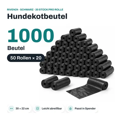 Produktbild von RIVEN24 Hundekotbeutel schwarz, 1000 Beutel (50 Rollen × 20), 30 × 22 cm, Kotbeutel für Spender
