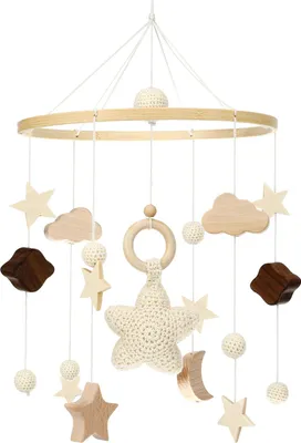 Produktbild von Litimkat Mobile babybett,Mit gehäkelten Sternen, Monden und Wolken hängenden Dekorationen Baby Mobile für das Bett Holz Mobile Baby Windspiel,Geschenk für Baby Mädchen oder Jungen(A), Beige