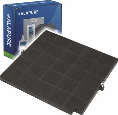 A black activated carbon filter is shown in the foreground, with a product box in the background.