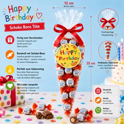 Produktbild von Kinder Schoko-Bons Geschenktüte 200 g – Happy Birthday – Geburtstagsgeschenk mit Schoko-Bons – Süßes Mitbringsel – Candy & Bar®, KI-generiertes Bild