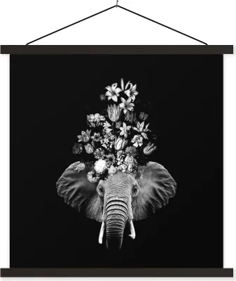 Produktbild von MuchoWow® Textilposter Elefant - Blumen - Schwarz - Weiß 120x120 cm mit schwarzem Rahmen - Aufhängungsset