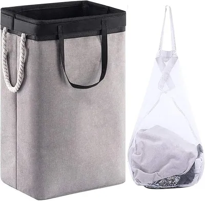 A collage showing two laundry bags. The left image shows a tall, gray, foldable laundry basket with black trim and rope handles. The right image shows a white mesh laundry bag filled with clothes.