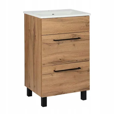 A standalone bathroom vanity with a sink and two drawers, presented against a white background.