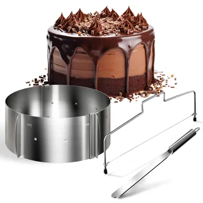 Produktbild von Lindenstein Tortenring verstellbar 8,5 cm hoch + Tortenschneider + Streichpalette – 3-teiliges Edelstahl Backzubehör-Set für Schichttorten