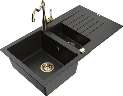 Produktbild von Mexen Matias 1,5-Becken-Granitspüle mit Abtropffläche und Mischbatterie Carla, Schwarz/Gold metallisch - 6502-75-670700-50