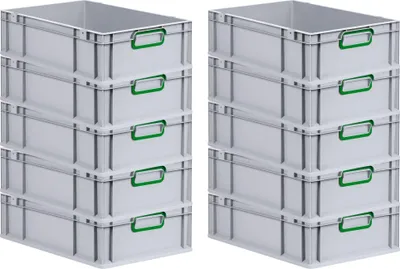 Produktbild von SparSet 10x Eurobox NextGen Color | HxBxT 17x40x60cm | 34 Liter | Griffe grün geschlossen | Glatter Boden | Grau | Eurobehälter, Transportbox, Transportbehälter, Stapelbehälter
