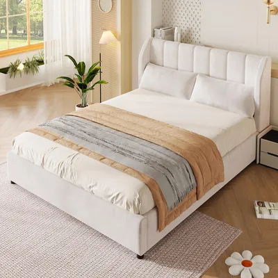 Immagine prodotto di Letto imbottito MODFU, modello per ragazzi, 140x200 cm, con rivestimento in velluto. Letto piattaforma, divano letto con rete a listelli e testiera imbottita. Divano letto, senza materasso, colore beige
