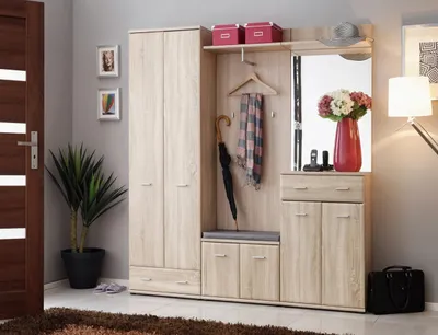 A hallway furniture set with a wardrobe, mirror, and storage.