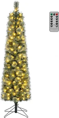 Imagen del producto de COSTWAY, árbol de Navidad artificial de 150 cm, con forma de abeto, con 90 luces LED blanco cálido, 8 modos de iluminación, 198 puntas y agujas de PVC, árbol de Navidad de diseño estrecho