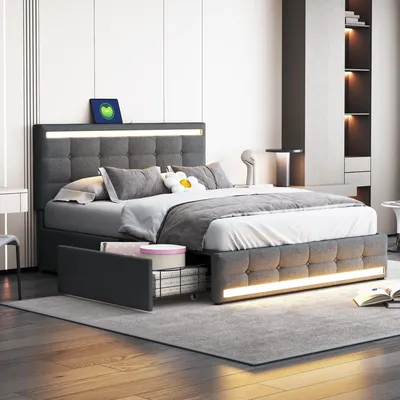 Immagine prodotto di Letto imbottito 140 x 200, con 4 cassetti e 2 stazioni di ricarica USB, giroletto con testiera e pediera a LED, grigio