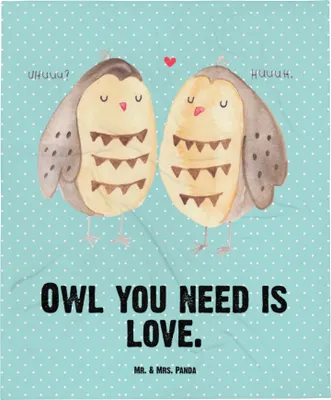 Produktbild von Mr. & Mrs. Panda Babydecke Eulen Liebe - Türkis Pastell - Geschenk, Kinderdecke, Erstlingsdecke, Kinderwagendecke, Plaid, Owl, Eule, Hochzeit Spruch, Wortspiel, glücklich