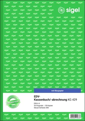 Produktbild von SIGEL KG429 EDV-Kassenbuch, Steuerschiene 300, 1. und 2. Blatt bedruckt, A4, mit Blaupapier, 2 x 50 Blatt