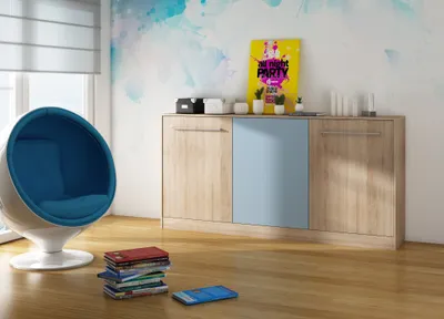 Produktbild von Wandbett Horizontal Schrankbett ROGER 90x200 cm Wandklappbett, Schrankklappbett, Schrank mit integriertem Klappbett, Funktionsbett SONOMA EICHE / BLAU - Ohne zusätzlichen Regalen
