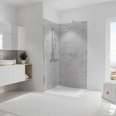 A modern bathroom with a walk-in shower and vanity.
